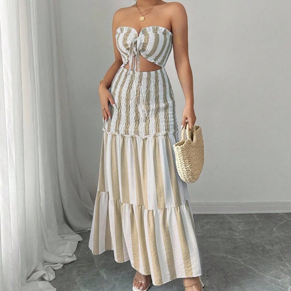 Khaki Boho Women's Striped Elegant Spaghetti Strap Dress - Picture 4 of 8
